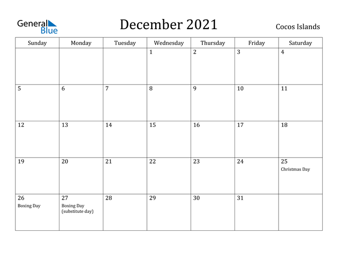 December 2021 Calendar Cocos Islands