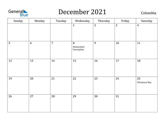 December 2021 Calendar Colombia