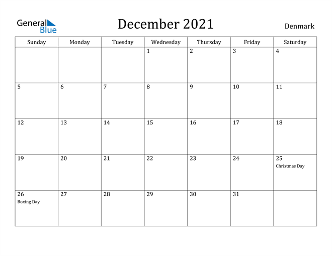 December 2021 Calendar Denmark
