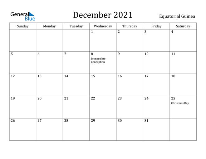 equatorial guinea december 2021 calendar with holidays