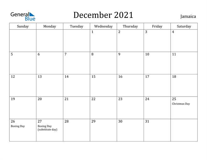 December 2021 Calendar Jamaica