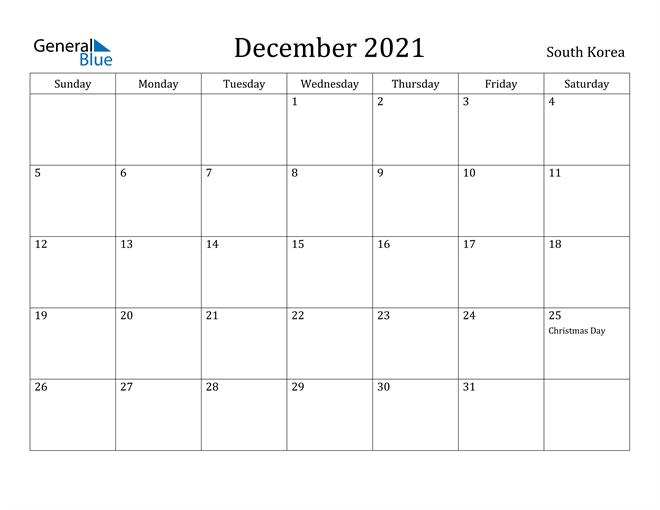 december 2021 calendar south korea