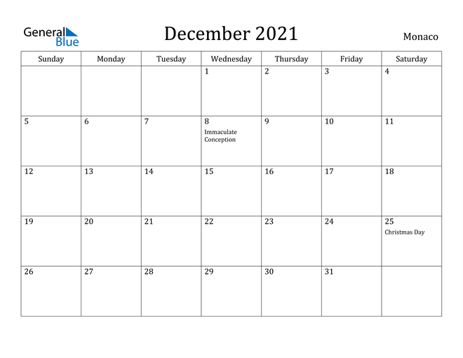 December 2021 Calendar Monaco