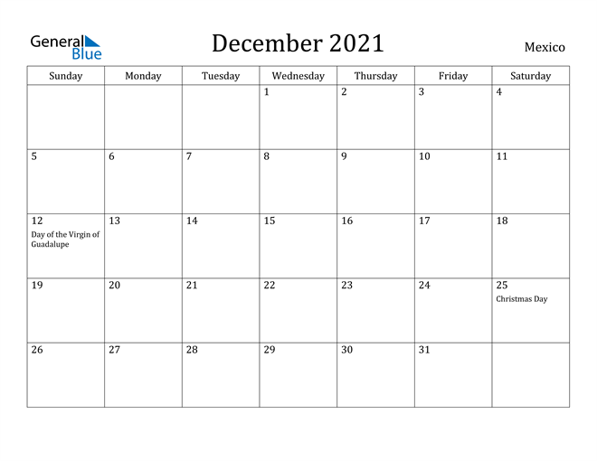 December 2021 Calendar Mexico
