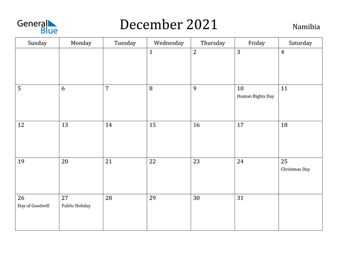 December 2021 Calendar Namibia