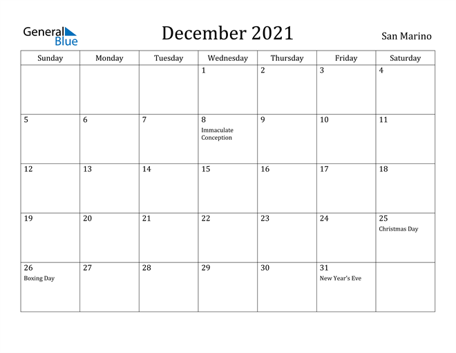 December 2021 Calendar San Marino