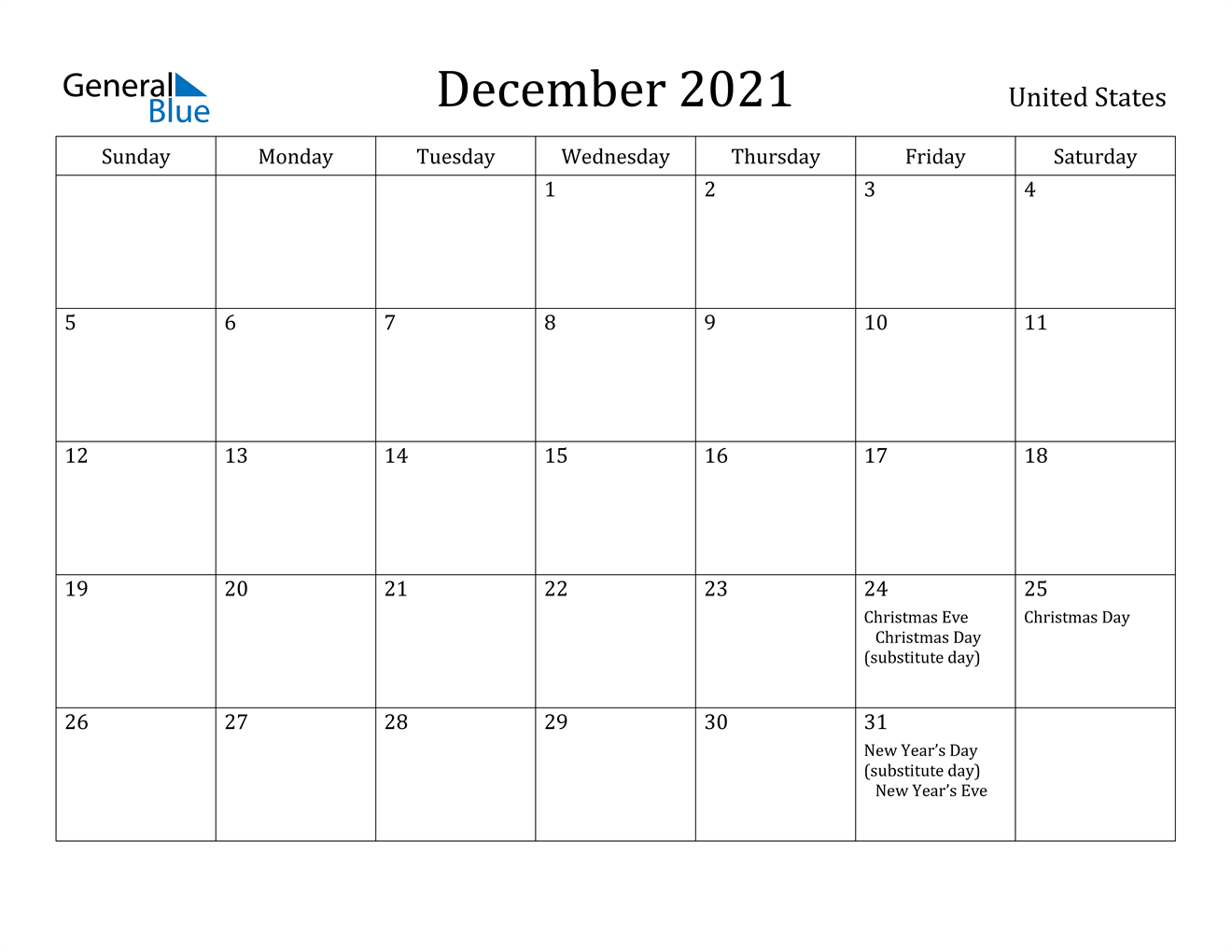 December 2021 Calendar - United States