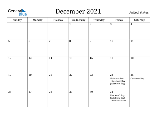 December 2021 Calendar United States