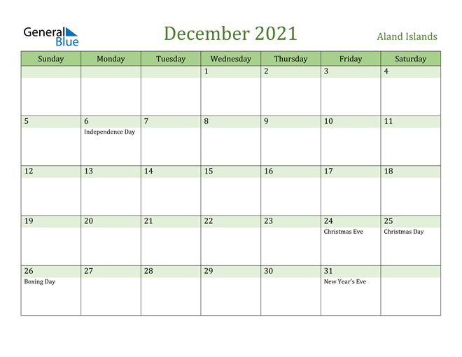 December 2021 Calendar with Aland Islands Holidays