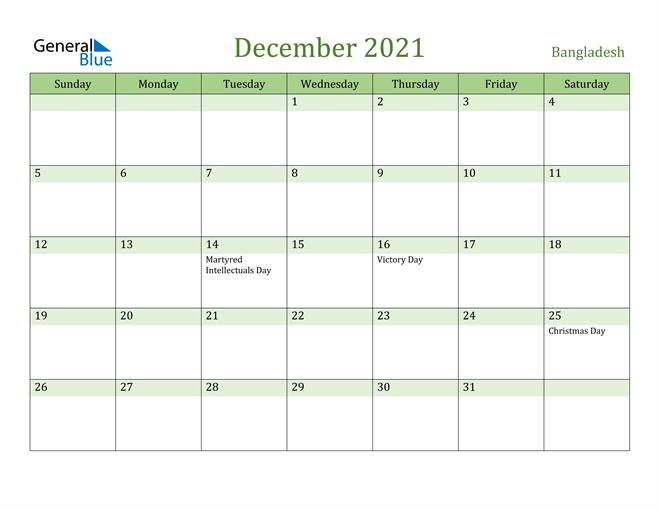 December 2021 Calendar with Bangladesh Holidays