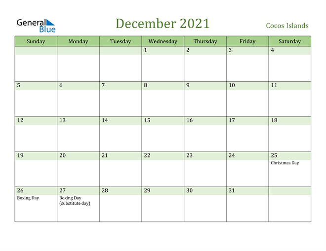 December 2021 Calendar with Cocos Islands Holidays