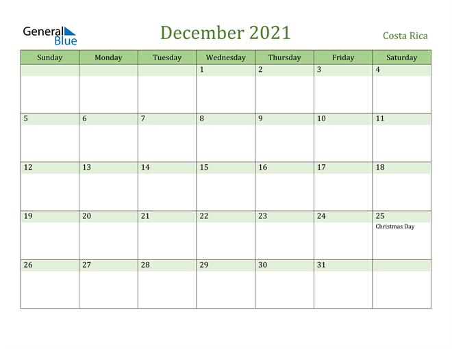 December 2021 Calendar with Costa Rica Holidays