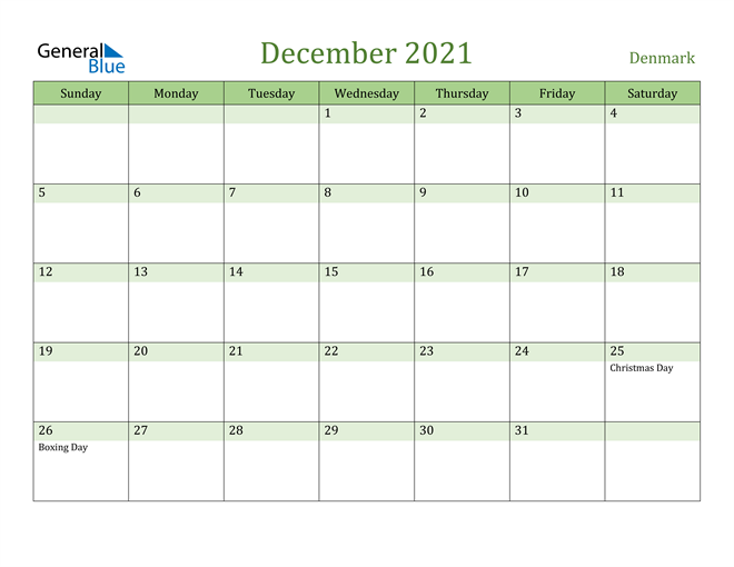 December 2021 Calendar with Denmark Holidays