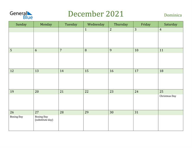 December 2021 Calendar with Dominica Holidays