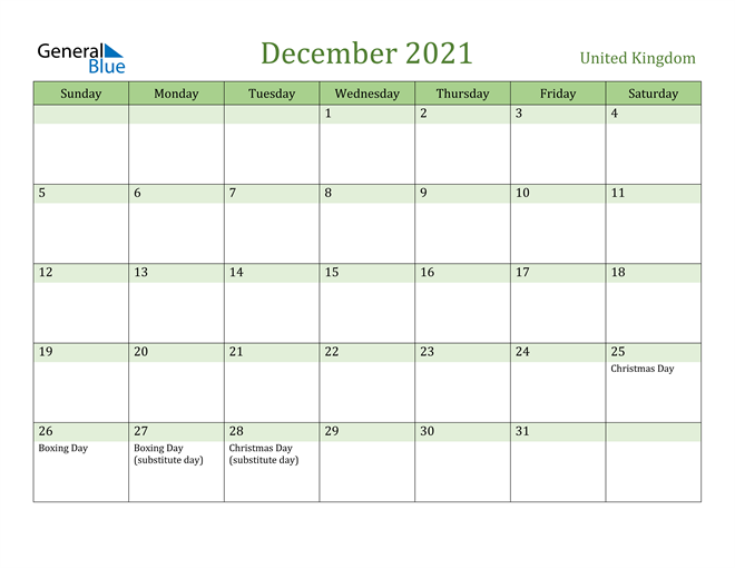 united kingdom december 2021 calendar with holidays