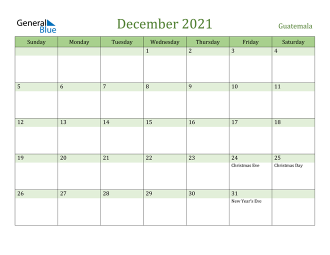 December 2021 Calendar with Guatemala Holidays