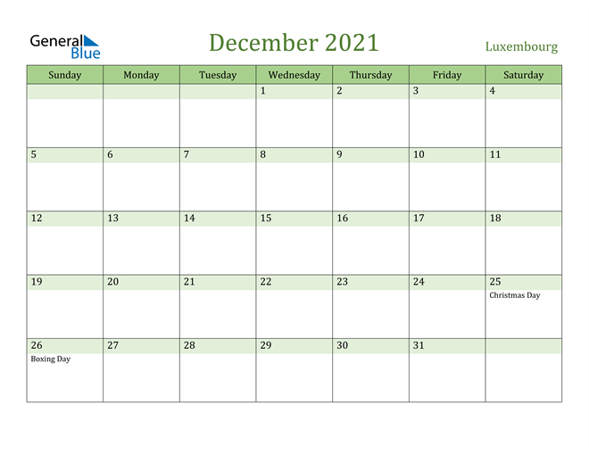 December 2021 Calendar with Luxembourg Holidays