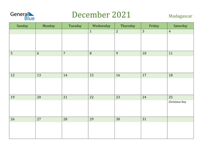 December 2021 Calendar with Madagascar Holidays