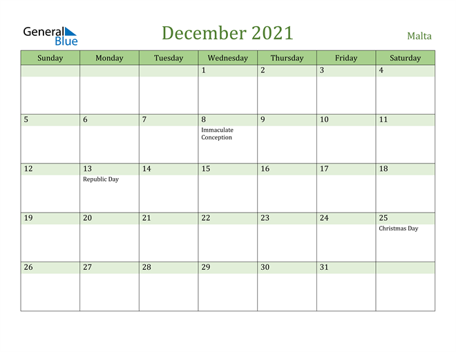 December 2021 Calendar with Malta Holidays