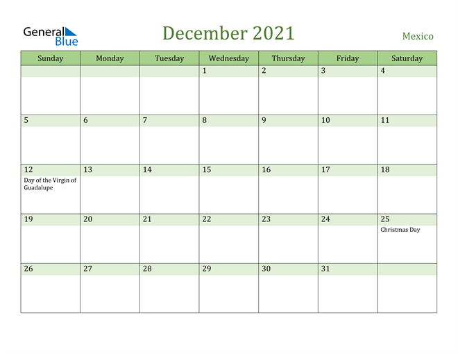 December 2021 Calendar with Mexico Holidays