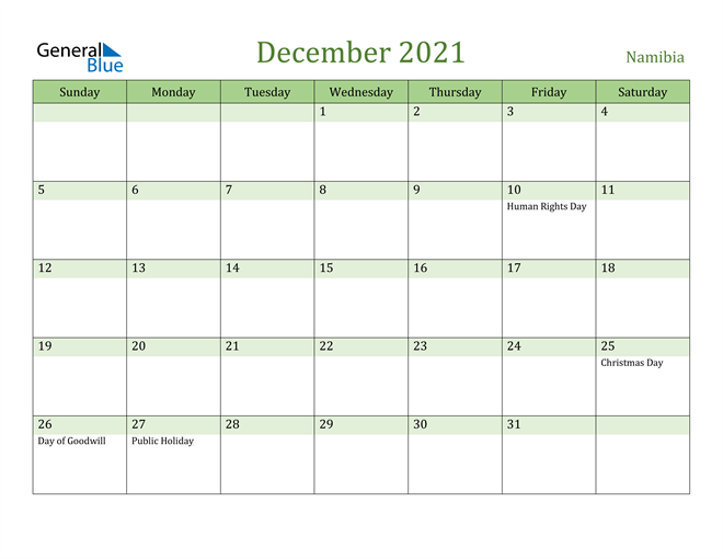 December 2021 Calendar with Namibia Holidays
