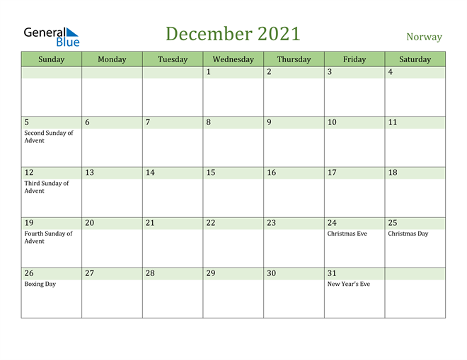 December 2021 Calendar with Norway Holidays