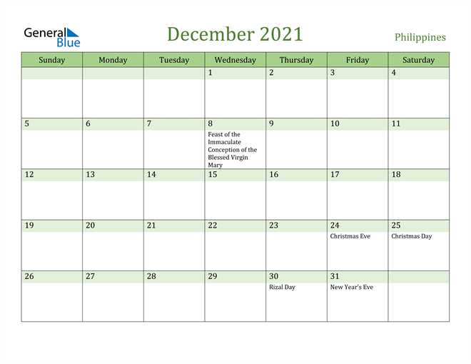 Philippines December 2021 Calendar with Holidays