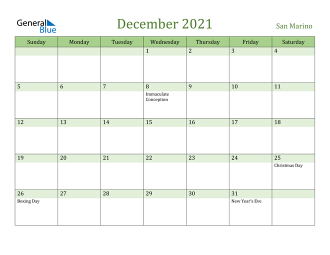 December 2021 Calendar with San Marino Holidays