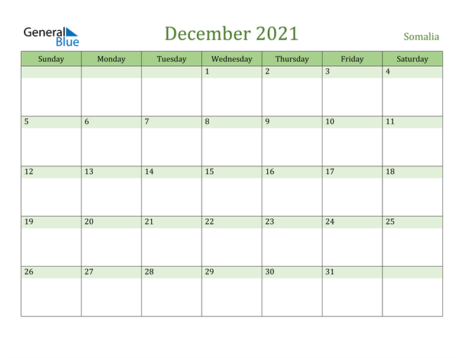 December 2021 Calendar with Somalia Holidays
