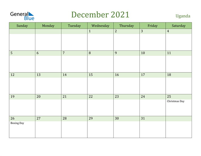 December 2021 Calendar with Uganda Holidays