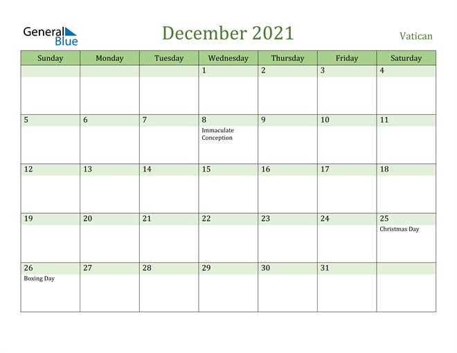 December 2021 Calendar with Vatican Holidays