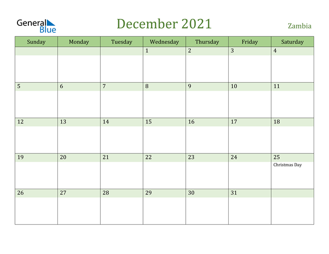 December 2021 Calendar with Zambia Holidays
