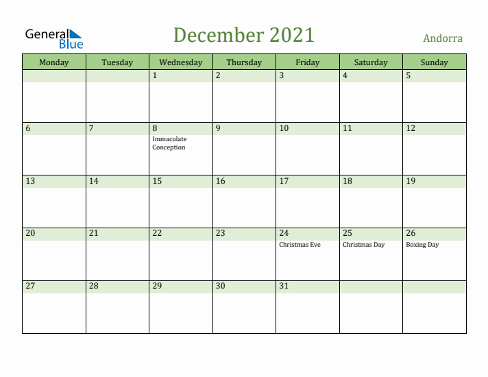 December 2021 Calendar with Andorra Holidays