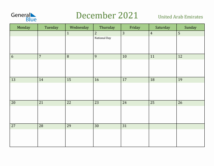 December 2021 Calendar with United Arab Emirates Holidays