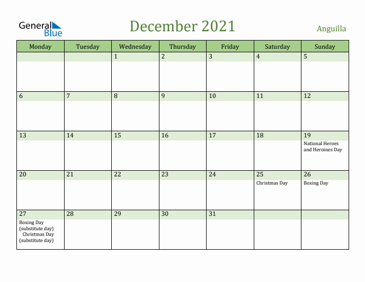 December 2021 Calendar with Anguilla Holidays