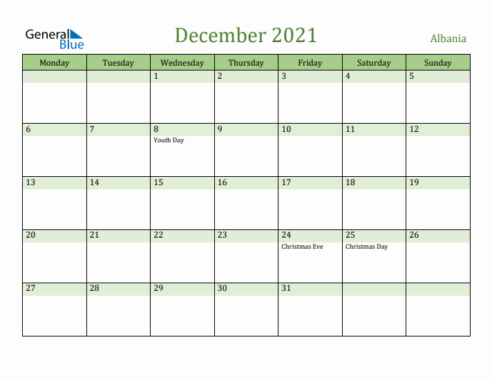 December 2021 Calendar with Albania Holidays