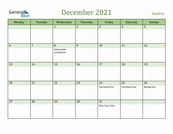 December 2021 Calendar with Austria Holidays