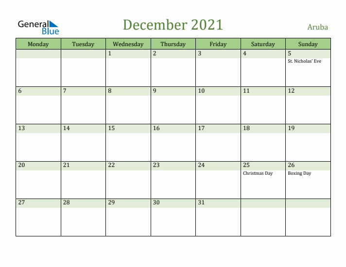 December 2021 Calendar with Aruba Holidays