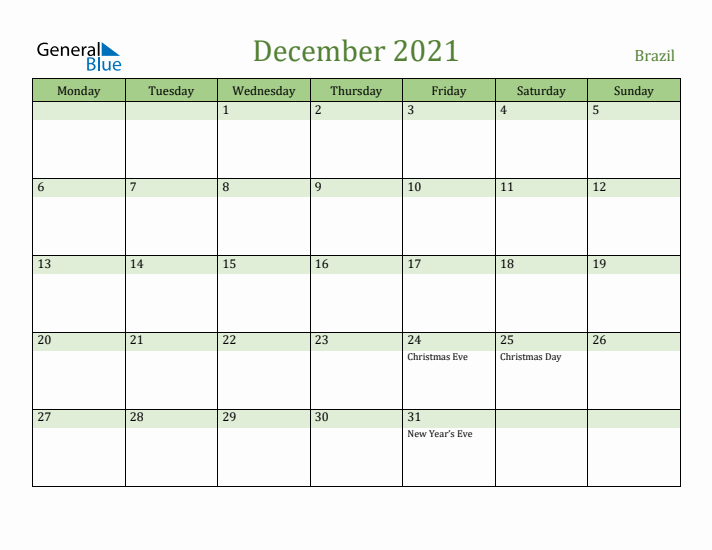 December 2021 Calendar with Brazil Holidays