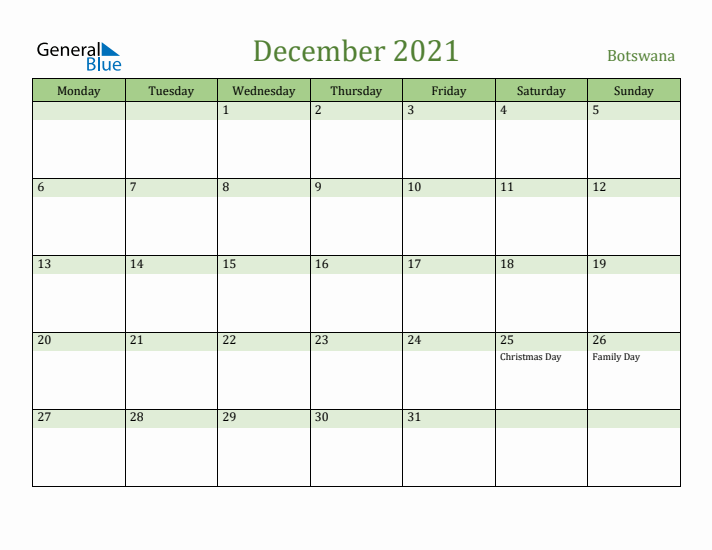 December 2021 Calendar with Botswana Holidays