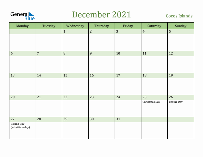 December 2021 Calendar with Cocos Islands Holidays