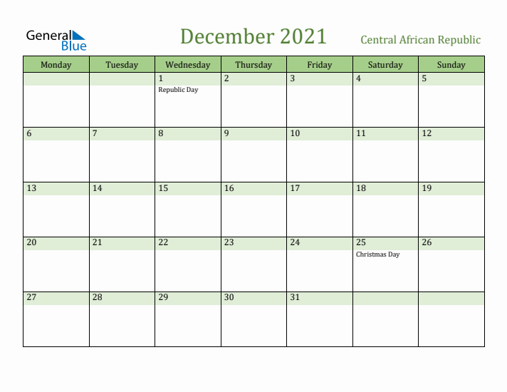 December 2021 Calendar with Central African Republic Holidays