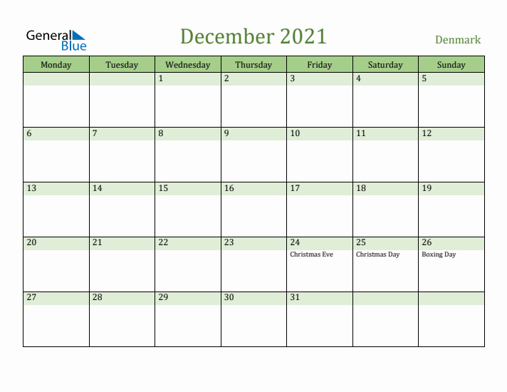 December 2021 Calendar with Denmark Holidays