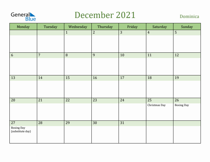 December 2021 Calendar with Dominica Holidays