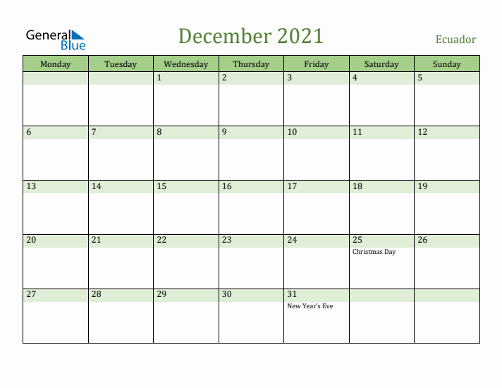December 2021 Calendar with Ecuador Holidays