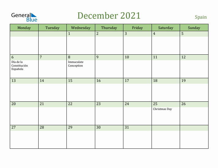 December 2021 Calendar with Spain Holidays