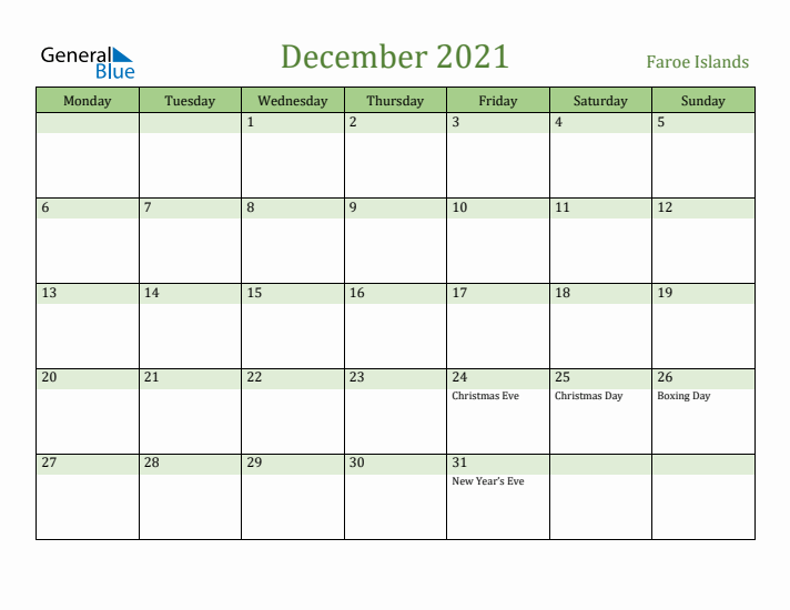 December 2021 Calendar with Faroe Islands Holidays