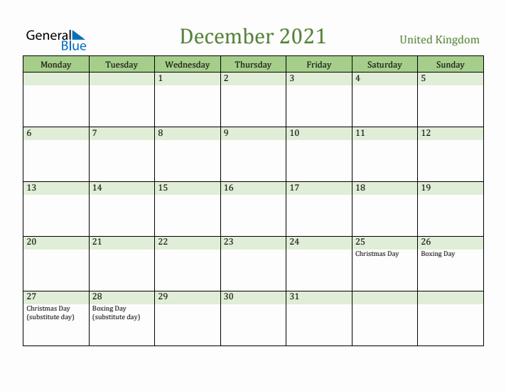 December 2021 Calendar with United Kingdom Holidays