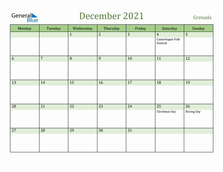 December 2021 Calendar with Grenada Holidays