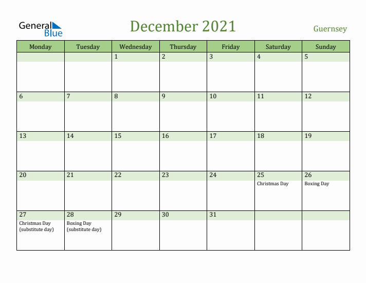 December 2021 Calendar with Guernsey Holidays